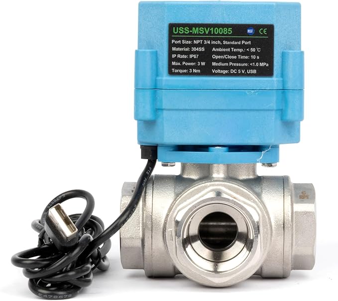 U.S. Solid WiFi Smart Motorized Ball Valve 3/4 inch NPT for Water Control & Irrigation, 3 Way 304SS Electric Valve, USB Plug, LED Indicator, Flow Direction Window, Remote On/Off Control, NSF Certified