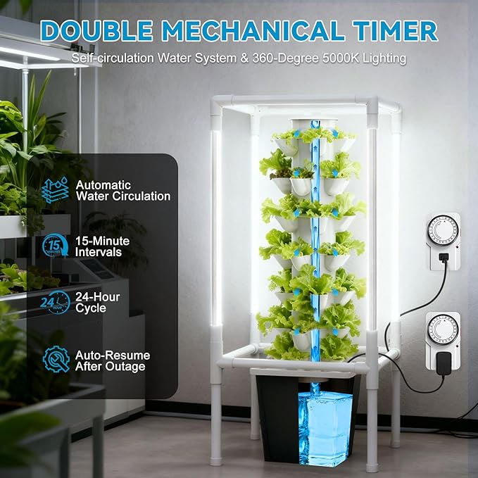 JESLED Hydroponic Tower with 5000K Full-Spectrum Grow Lights, Dual Timers for Auto Watering & Lighting, Hydroponics Growing System with 10L Water Tank, High 37", Indoor Herb Garden