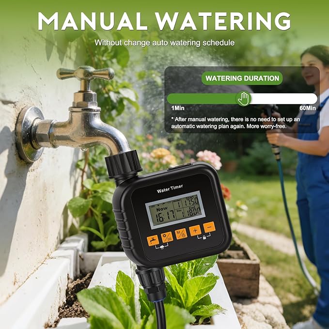 Snowtaros Smart Sprinkler Timer, Outdoor Water Hose Timer with Rain Sensing, 9 Watering Modes Garden Irrigation Controller for Yard, Lawn & Patio, Easy Installation (1 Zone)