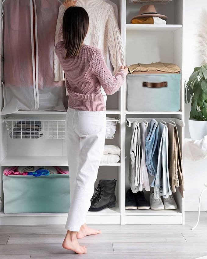 Teal Grey Ombre Storage Bins Cubes Waterproof Cloth Storage Basket, Farmhouse Gradient Minimalist Foldable Storage Bags for Shelf Closet Clothes Storages Organizers with Handles 15x11x9.5 in 2PCS