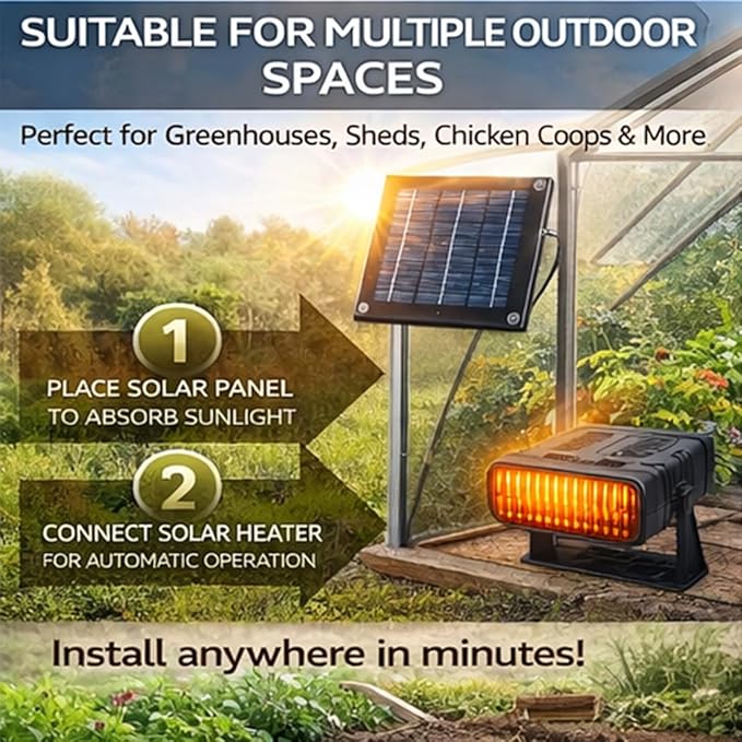 Solar Heater for Greenhouse, Solar Heater for Chicken Heater, Solar Powered Heater for Outdoor Use, Dog House, Shed, Pet Shelter - Smart Thermostat, Weather-Resistant, Easy Mount (Black-30W)