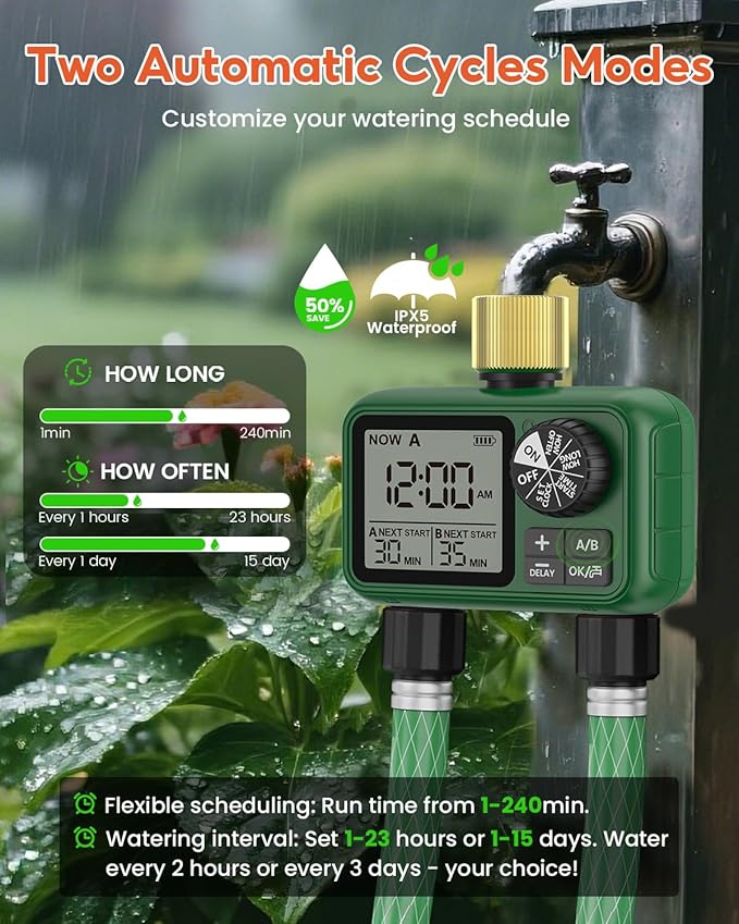 2 Zones Brass Inlet & Outlet Water Timer for Outdoor Garden Hose, Sprinkler Timer for Garden Faucet with Auto/Manual/Rain Delay Mode, Sprinkler Irrigation Controller for Yard Lawn