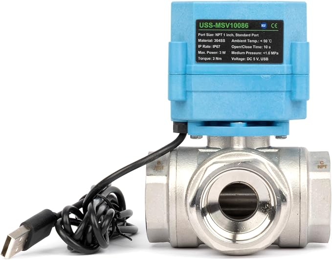 U.S. Solid WiFi Smart Motorized Ball Valve 1 inch NPT for Water Control & Irrigation, 3 Way 304SS Electric Valve, USB Plug, LED Indicator, Flow Direction Window, Remote On/Off Control, NSF Certified
