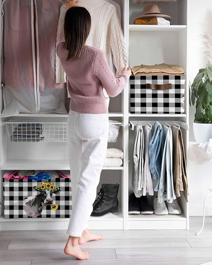 Sunflowers Cow Storage Bins Cubes Waterproof Cloth Storage Basket, Farm Animal Black Buffalo Plaid Foldable Storage Bags for Shelf Closet Clothes Storages Organizers with Handles 15x11x9.5 in 1PCS