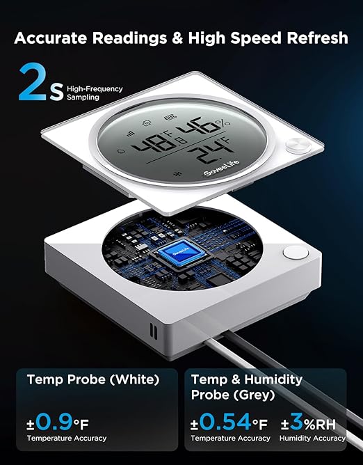 GoveeLife Upgraded Smart WiFi Refrigerator Thermometer Digital with Freezer Alarm, Wireless Magnetic Fridge Thermometer with Notification, LCD Display, Free Data Export for Fridge, Kitchen, Farming