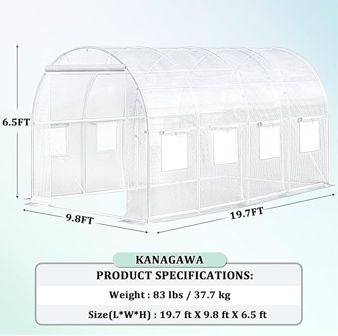 KANAGAWA 20'x10'x 7' Walk-in Tunnel Greenhouse with Watering System Heavy Duty Portable Green House Protect Gardening Plants 1 Zipper Mesh Door, 8 Roll-up Windows, Thickened galvanised Steel,White