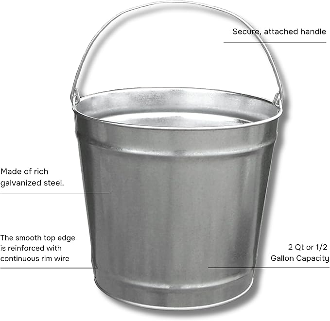 12 Quart (3 Gallon) Industrial Galvanized Metal Pail Bucket with Handle, 11" Diameter, Single Seam Construction - 5 Buckets