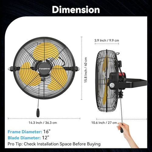 12 Inch High Velocity Wall Mount Fan, 2500 CFM Industrial Metal Air Circulator, 3-Speed Commercial Wall Fan with 180° Tilt, Pull Chain, for Garage, Workshop, Gym, Patio - UL Listed