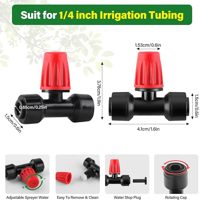 Kalolary 30Pcs Push-to-Fit Drip Irrigation Spray Emitters for 1/4" Tubing,Three-Way Adjustable Atomizing Nozzle Micro Irrigation Dripper Sprinklers with 6PCS End Plugs for Irrigation System(Red)