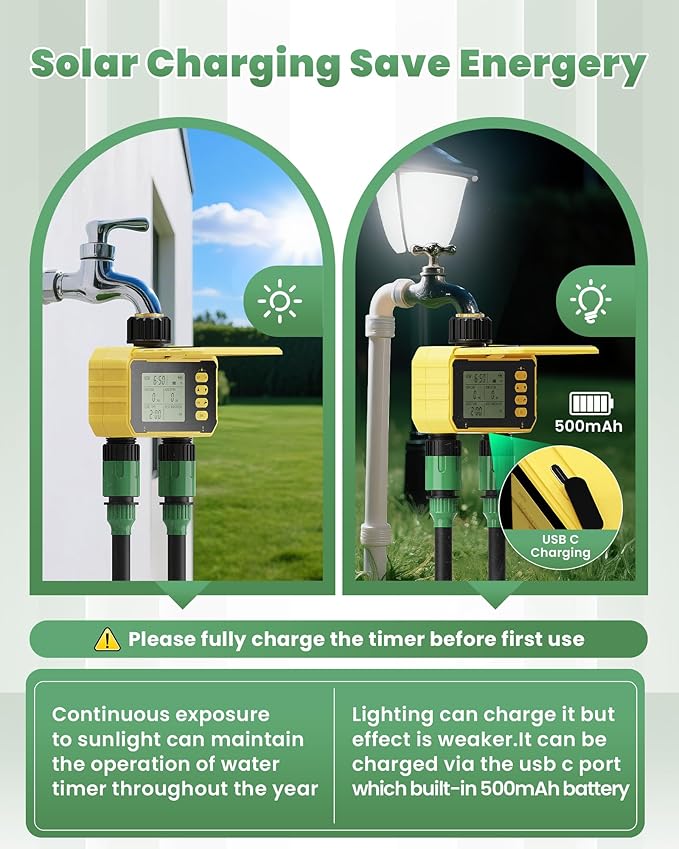 Sprinkler Timer, Solar Energy Water Timer for Garden Hose, Outdoor 2 Zone Hose with Rain Delay/Automatic/Manual Watering System, Digital Programmable Faucet Timing Irrigation for Lawn, Yard(No WiFi)