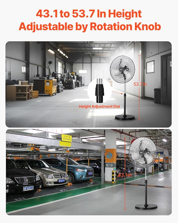 VEVOR Industrial Pedestal Fan, 18 Inch 90-Degree Oscillating Fan, Height Adjustable Standing Fans with 3 Adjustable Speeds, High Power Floor Fans for Office, Black