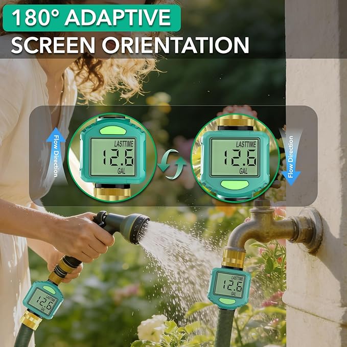 Water Flow Meter with 180° Flip Screen - ±5% Accuracy, Brass Inlet, Waterproof LCD Water Meter for Outdoor Garden Hose, RV & Irrigation, Lawn Sprinkler Watering, Measure Gallon/Liter