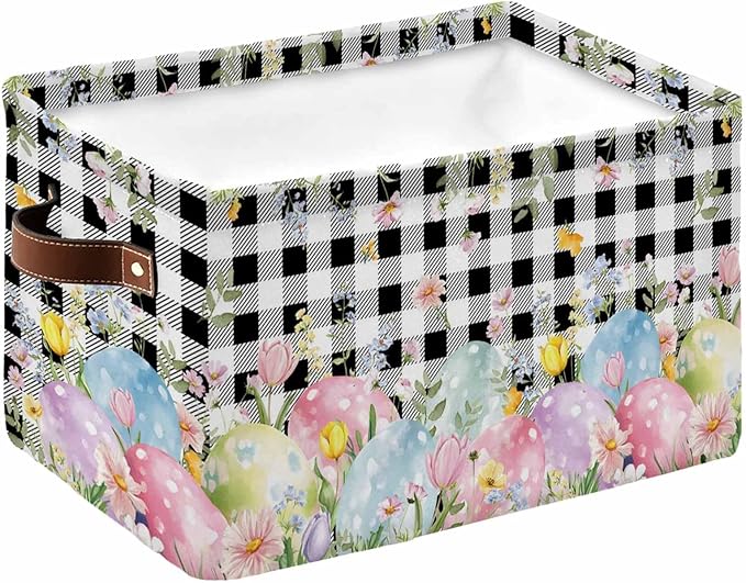 Spring Easter Flowers Storage Bins Cubes Waterproof Cloth Storage Basket,Farmhouse Floral Black Buffalo Plaid Foldable Storage Bags for Shelf Clothes Storages Organizers with Handles 15x11x9.5 in 1PCS
