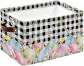 Spring Easter Flowers Storage Bins Cubes Waterproof Cloth Storage Basket,Farmhouse Floral Black Buffalo Plaid Foldable Storage Bags for Shelf Clothes Storages Organizers with Handles 15x11x9.5 in 1PCS