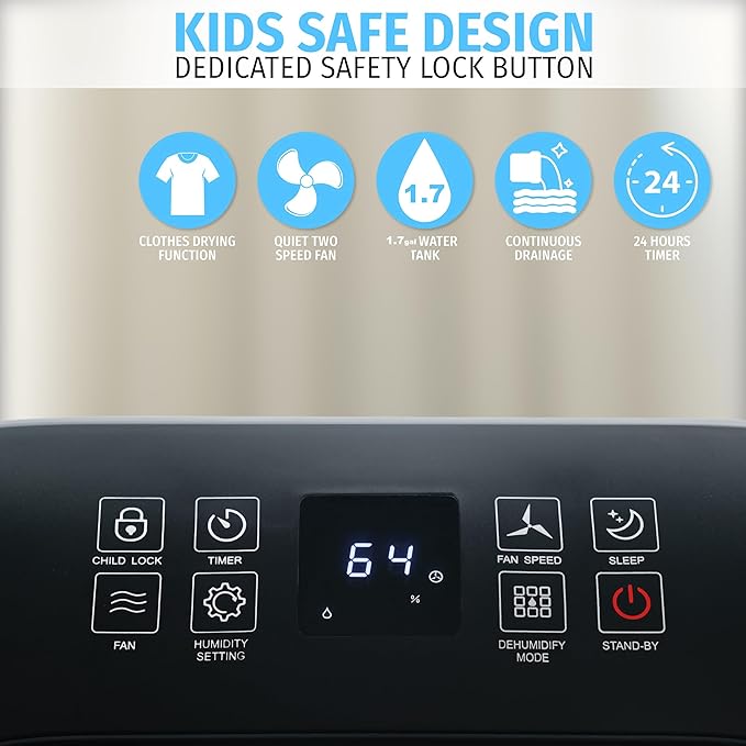 Nyxi 4,500 Sqft / 50 Pints Powerful Compressor Dehumidifier, Smart Digital Humidity Control, XL Water Tank 1.7 Gallon, Drain Hose Option, 24-Hour Timer, Removes Moisture for Home, Laundry, Office
