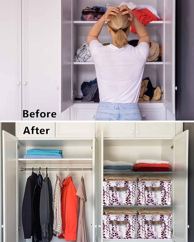 Purple Weeping Eucalyptus Storage Bins Cubes Waterproof Cloth Storage Basket,Spring Summer Farmhouse Leaves Foldable Storage Bags for Shelf Clothes Storages Organizers with Handles 15x11x9.5 in 2PCS