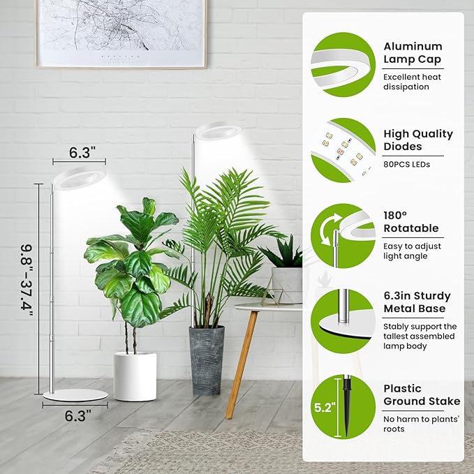 Kullsinss Grow Lights for Indoor Plants, 80 LEDs Full Spectrum Plant Lights for Indoor Growing with 2 Mounting Options, 6/12/16H Timer, 3 Spectrum Modes, 9.8"-37" Height Adjustable Grow Lamp, 2 Pack