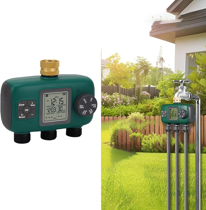 3 Outlet Sprinkler Timer Professional Grade Brass Construction LCD Display Irrigation Controller with Multiple Programs Child Lock Feature for Lawn Garden Yard Watering Sys