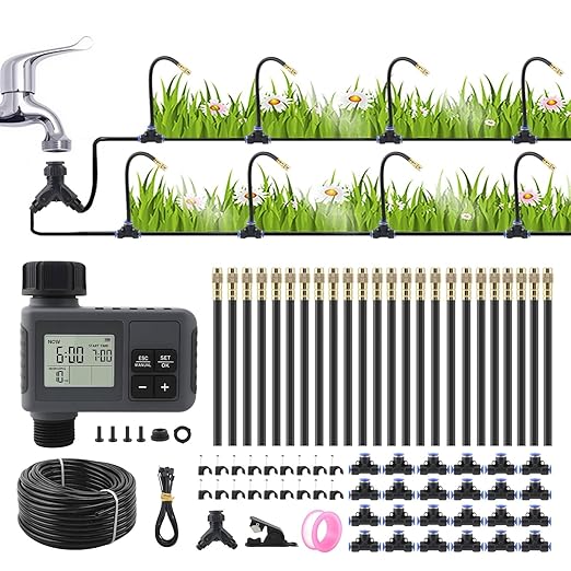 100FT Smart Drip Irrigation System with Water Timer – Automatic Garden Watering System with 360° Bendable Hose & 24 Adjustable Nozzles for Garden, Yard, Lawn,Compatible with 3/4" & 1/2" Hose