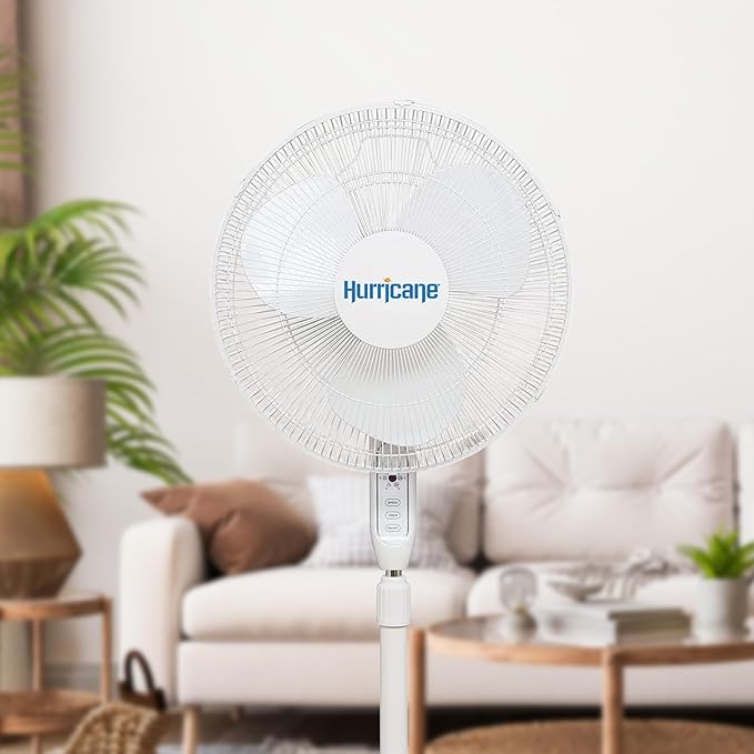 Hurricane 16" Supreme Oscillating Stand Pedestal Fan with Remote for Home, White - Standing Electric Air Cooling Unit for Indoor Room, Garage, Workshop, Shed, and Greenhouse