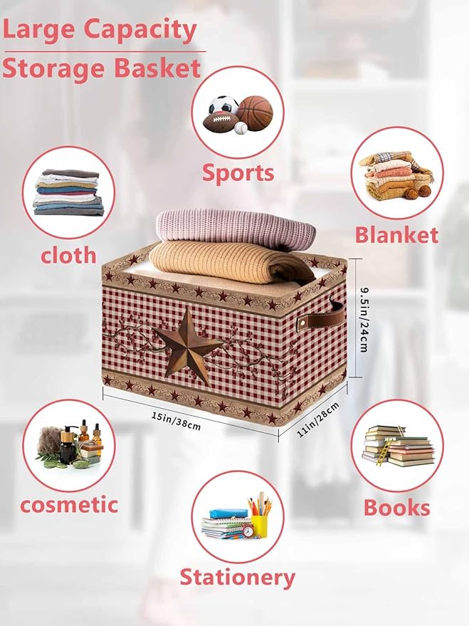Vintage Texas Star Brown Storage Bins Cubes Waterproof Cloth Storage Basket, Red Plaid Berry Farmhouse Foldable Storage Bags for Shelf Closet Clothes Storages Organizers with Handles 15x11x9.5 in 1PCS