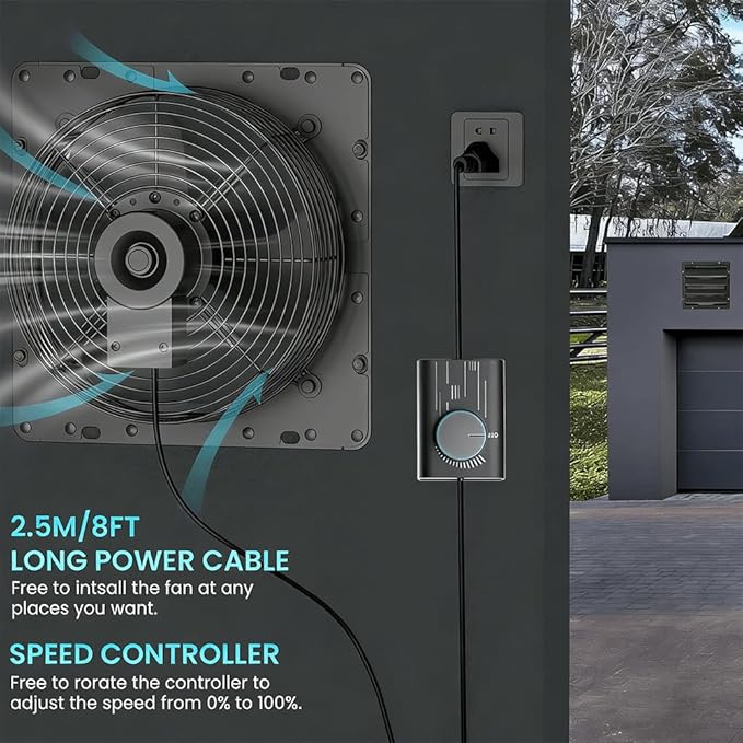 HG Power 10 Inch Shutter Exhaust Fan with Speed Controller, 647CFM High-Speed Vent Fan with, 1400RPM Wall Mounted Attic Fan for Shed, Garage, Greenhouse Ventilation, Black
