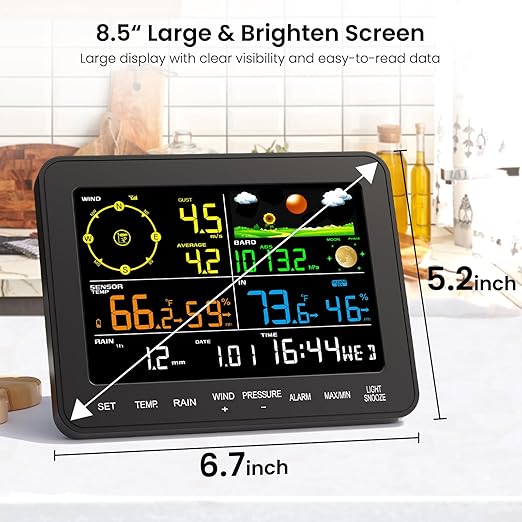Weather Station Wireless, 12-in-1 Weather Station with Outdoor Sensor, Temperature, Rainfall, Wind Speed, Air Pressure, Humidity, Weather Forecast, Moon Phase, Alarm Clock for Garden (No WiFi)