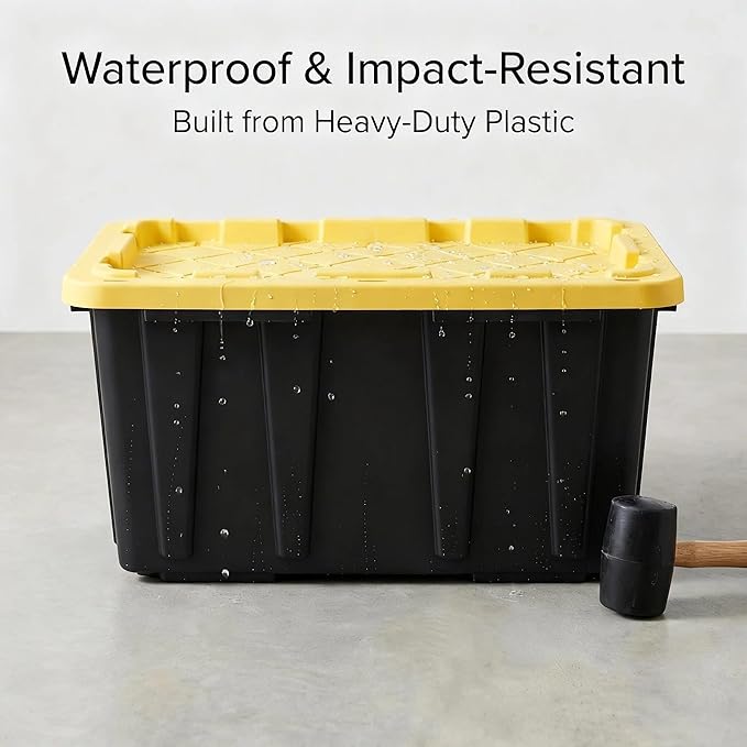 4 Pack 17 Gallon Heavy Duty Storage Bins with Lids, Industrial Stackable Lockable Nestable Plastic Totes Storage Containers for Garage, Moving, Home & Office Organization, Black & Yellow