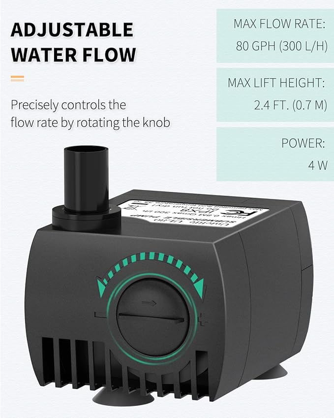 Uniclife 80 GPH Submersible Water Pump 4W 2.4ft High Lift Quiet Pump for Fountain Aquarium Fish Tank