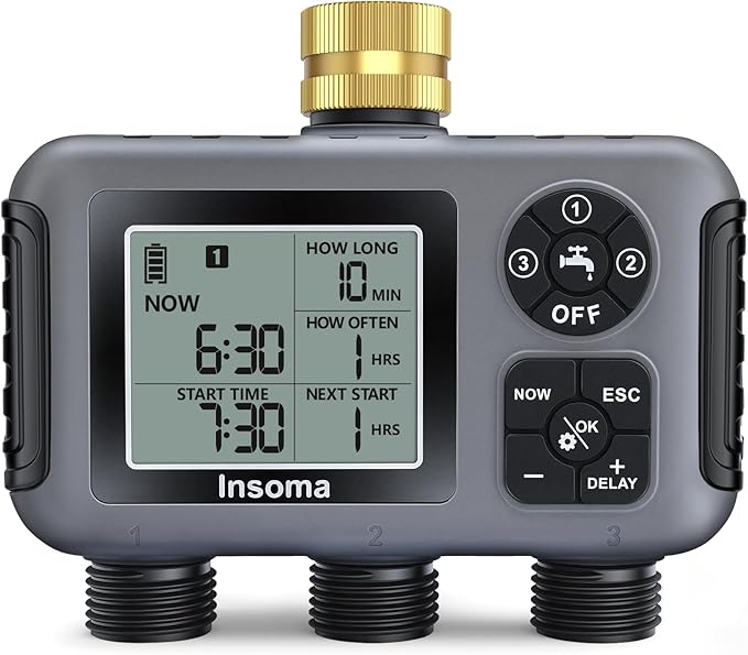 Insoma Water Timer with Brass Inlet, 3 Independent Zones Outdoor Hose Timer for Garden Faucet with Auto/Manual/Rain Delay Mode, IPX5 Waterproof, Sprinkler Irrigation Controller for Yard Lawn