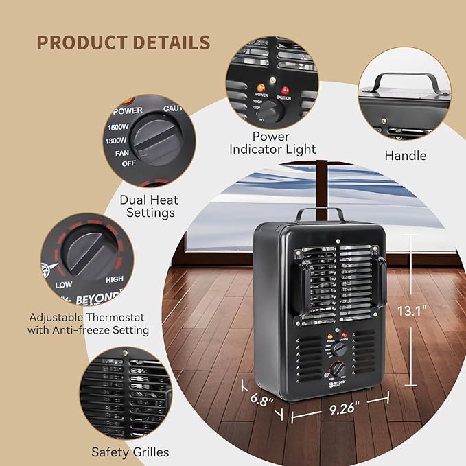 BEYOND HEAT Milkhouse Space Heater, 1300W/1500W Electric Heater with Thermostat, 3 Heat Settings, Safe and Quiet Heater for Garage Workshop Warehouse, Black 2-Pack