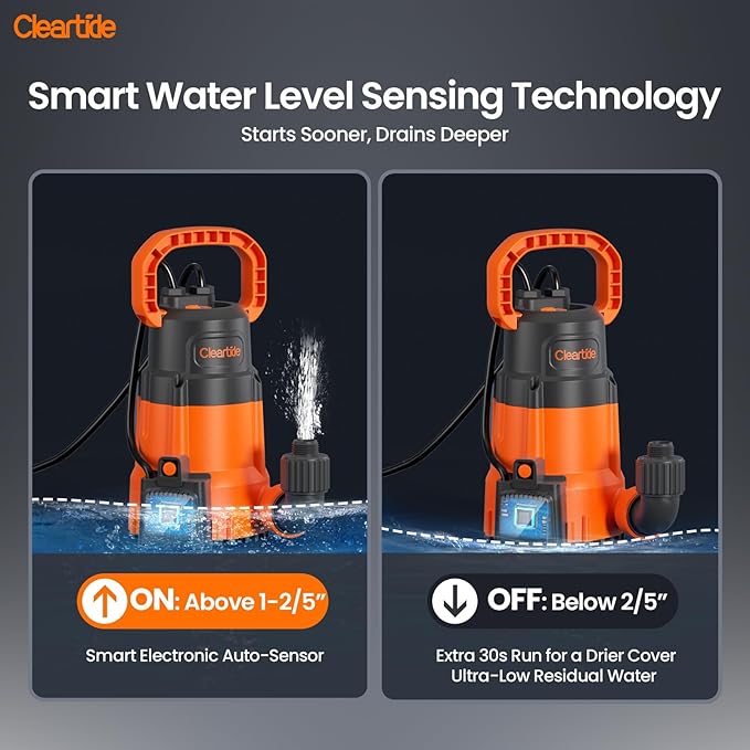 Cleartide 1/3 HP Submersible Utility Pump, 2790 GPH High Flow, Thermoplastic Portable Sump Pump with Auto Water Sensor, Ideal for Flooded Basement & Yard, Hot Tub, Pond & Garden Draining, 10 FT Cord
