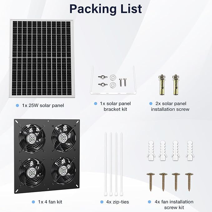 Fanspex Solar 4 Fan Kit, Waterproofed Solar Powered Fans for Outdoor Chicken Coop, Greenhouse & Shed Intake or Exhaust Air