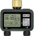 2 Zone Brass Sprinkler Timer, Garden Hose Timer, Automatic Irrigation System, Programmable Faucet, 2 Outlets, with Rain Delay, Manual Mode,Child Lock, for Yard, Garden, Lawn, Green E12WT06