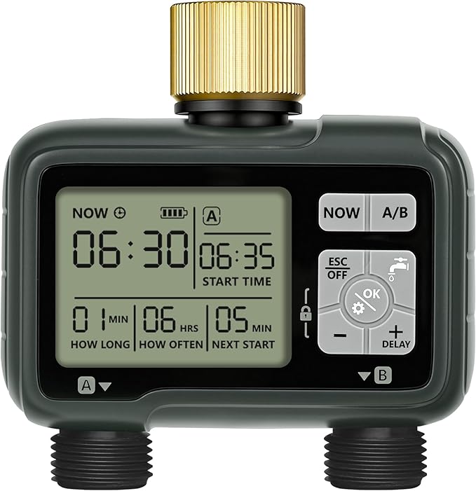 2 Zone Brass Sprinkler Timer, Garden Hose Timer, Automatic Irrigation System, Programmable Faucet, 2 Outlets, with Rain Delay, Manual Mode,Child Lock, for Yard, Garden, Lawn, Green E12WT06