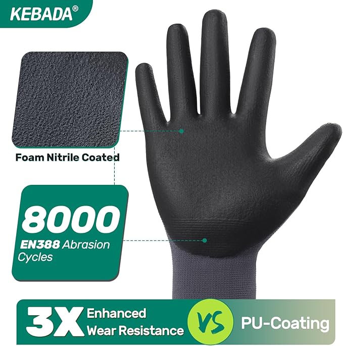 Kebada W5-12 Pairs Safety Work Gloves Foam Nitrile Coated, Seamless Knit Nylon Glove with Grip, Ideal for Mechanic, Warehouse, Construction & Gardening, X-Large