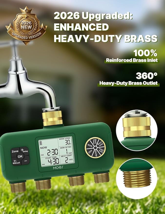 MOES 4 Zone Water Timer for Garden Hose, Heavy Duty Solid Brass Inlet & Outlets, Programmable Sprinkler Timer Battery Operated, 4 Way Faucet Valve with Sequential Watering (Non-WiFi)