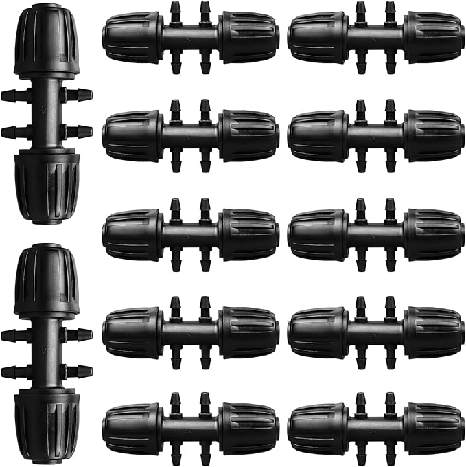 Gardrip Drip Irrigation Fittings for 1/2 Inch to 1/4 Inch Tubing Reducing Tee：1/2" (1/2" ID x 0.65" OD) to 1/4" Anti-Drop Locked Nut Barbed Reducer 6 Way Tee Connectors (12 Pack)