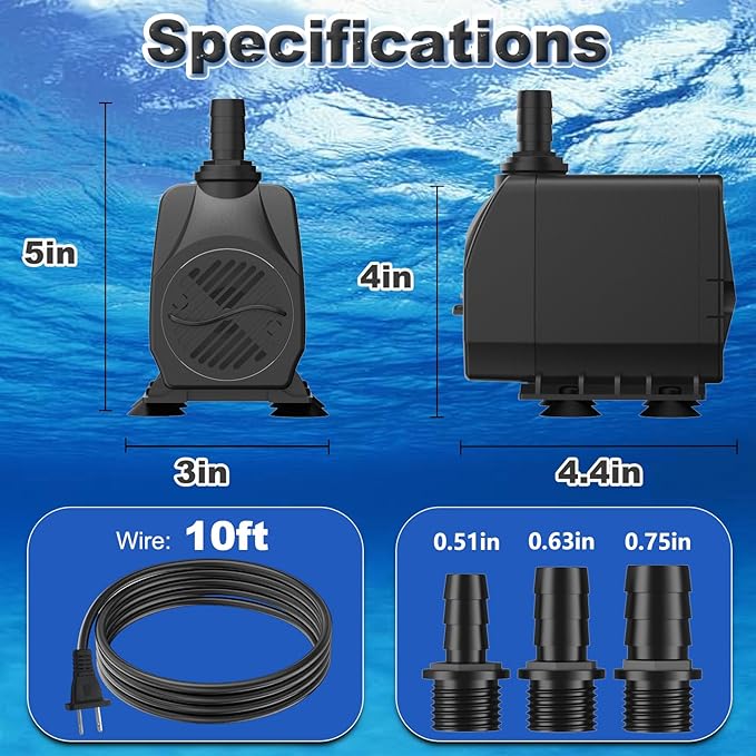 SongLong 500GPH(1900L/H) 10ft Power Cord Submersible Pump,Over Heating Protection Water Pump with 6.65ft Lift for Fountains, Ponds, Aquariums & Hydroponics.