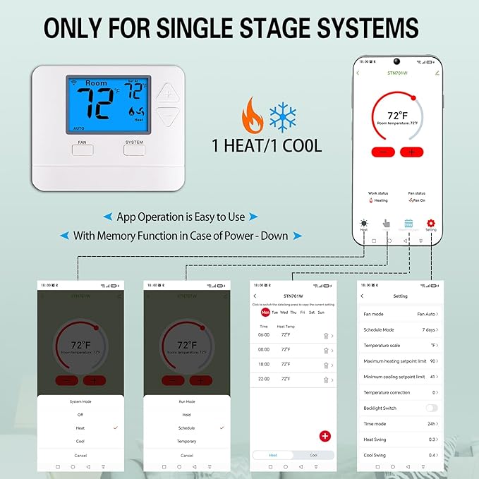 WiFi Thermostats for Home Smart Thermostat Single-Stage 1Heat/ 1Cool, APP Remote Control, 7-Day or 0-Day Programmable. (C-Wire Required)