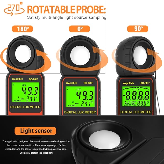 Light Meter, Illuminance Meter RQ-881F to Measure Light, Max Value Display 3999(Ranges: 1-400,000Lux), 270º Rotated Sensor, Back Light, Data Storage-Orange