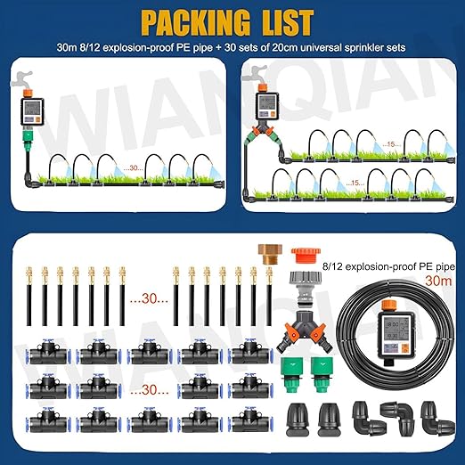 Automatic Drip Irrigation System, Nozzle Drip Irrigation Garden Watering, Greenhouse Drip Irrigation Kit, 360° Adjustable Misting Nozzle, Smart Timer 1Sec - 300 Min, Easy Installation 30m+Controller