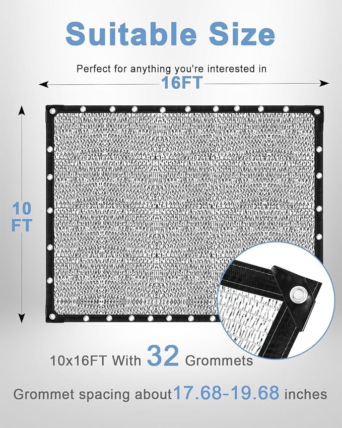 vensovo 30% Aluminum Shade Cloth - Reflective Aluminium Shade Netting Sun Shade Cover with Grommets for Cars, Dogs, Outdoor, RV, Patio (10x16FT)