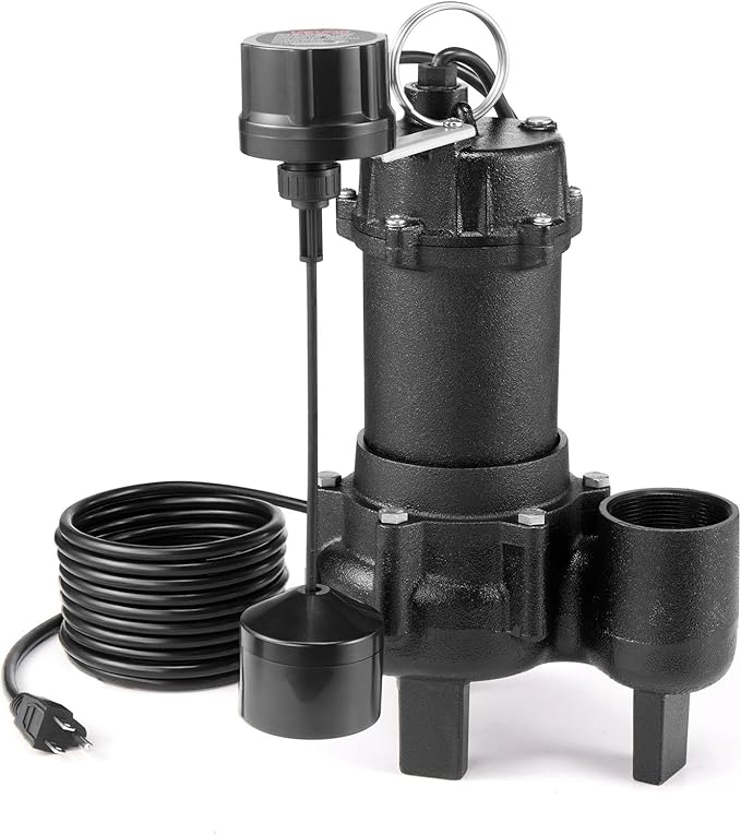 VEVOR Submersible Sewage Pump, 3/4 HP, 6000 GPH Cast Iron Sewage/Effluent Pump with Automatic Tethered Float Switch, 2-Inch NPT Discharge, 120V, 23 ft Max Lift, for Basement, Septic Tank, Residential