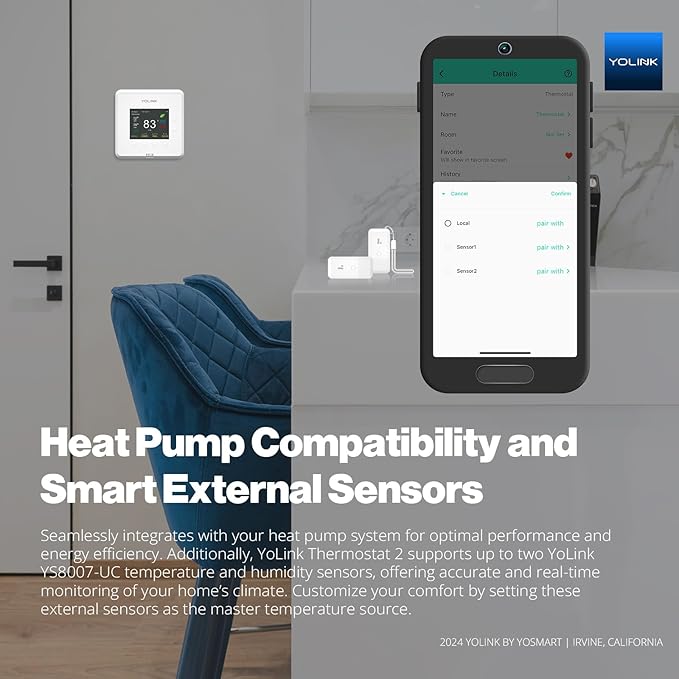 YoLink Thermostat 2, Smart Home & Commercial Thermostat with Dual-Stage Heating & Cooling, Heat Pump Support, External Sensors, Remote App Control, Alexa & Google, LoRa Longest Range, Hub Required