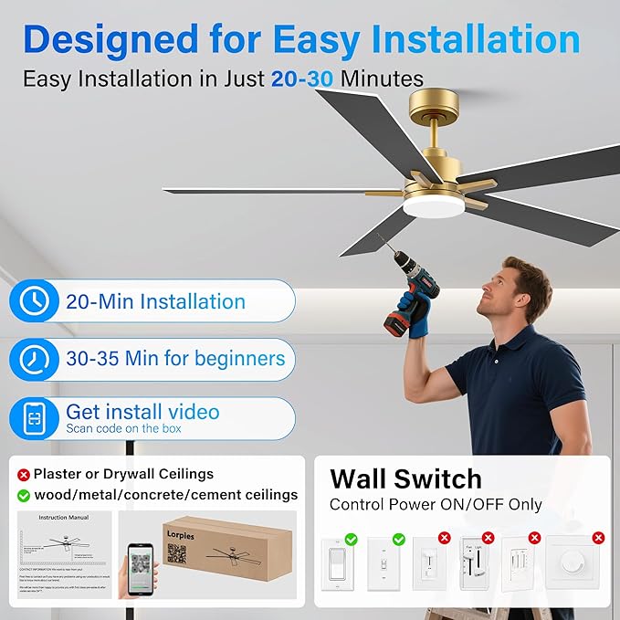 60 Inch Smart Ceiling Fan with Lights Remote,Control via Voice Alexa Google App Wifi,Silent DC Motor,Dimmable,Outdoor Indoor Modern Ceiling Fans for Large Bedroom Living Room Patio,Gold White Black