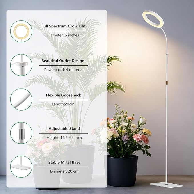 SDOVUERC Full Spectrum Grow Light with Stand for Indoor Plants, Floor Plant Light, 6/12/18H Timer, 3 Color Modes, Adjustable Height 16.5–68in, for Large Plants & Home Décor(Tri-Head,White)