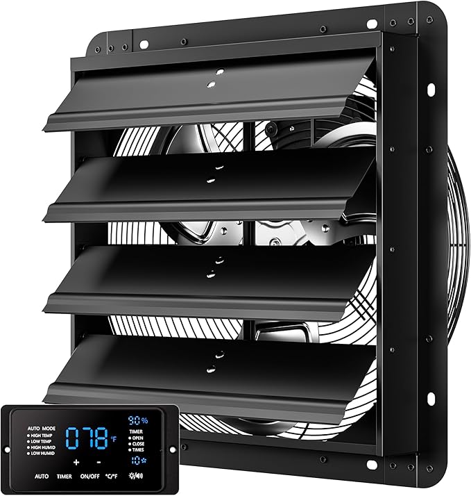 CAMMOO 16 Inch EC Motor Shutter Exhaust Fan, 6 Inch Large Touchscreen Controller for Temp Humidity and Speed Control, 10-Speed Wall Mount Fan for Attic, Greenhouse, Garage, Chicken Coop Ventilation