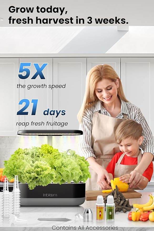 inbloom 12 Pods Hydroponics Growing System Kit, Herb Garden Planter Indoor Kit, Indoor Gardening Hydroponics Growing System with Pods, 4.2L Water Pump, Height Adjustable, Gifts for Woman, Black