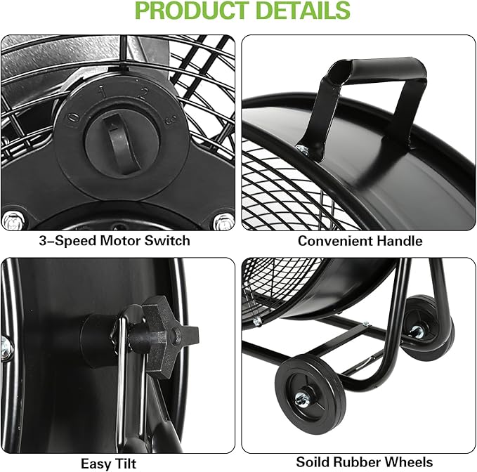 24" High Velocity Industrial Drum Fan, 8100 CFM 3-Speed Heavy Duty Metal Shop Fan for Workshops, Warehouse, Garage and Factory, UL Listed